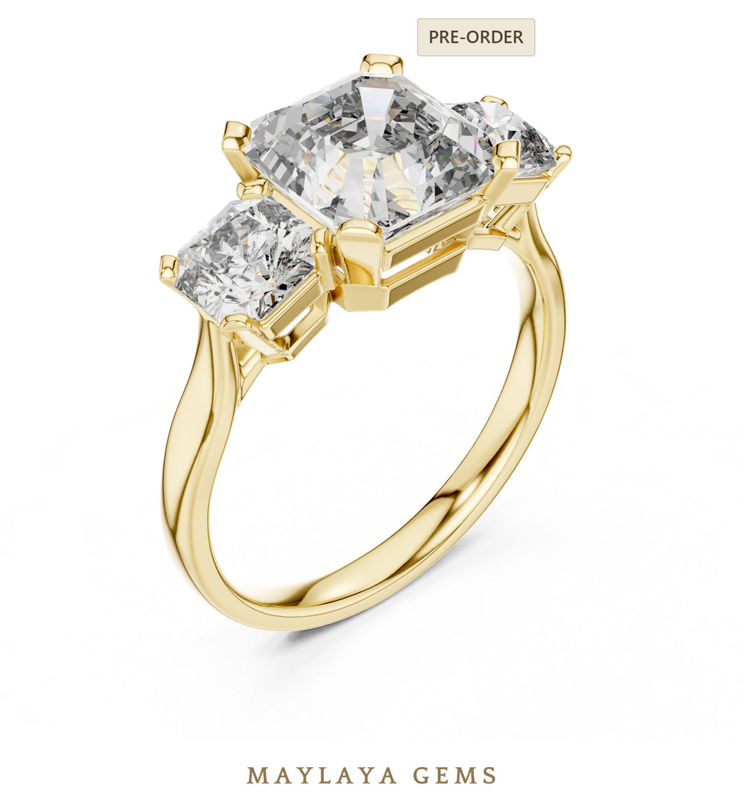 Maylaya Gems square emerald radiant trilogy lab-grown diamond ring in yellow gold