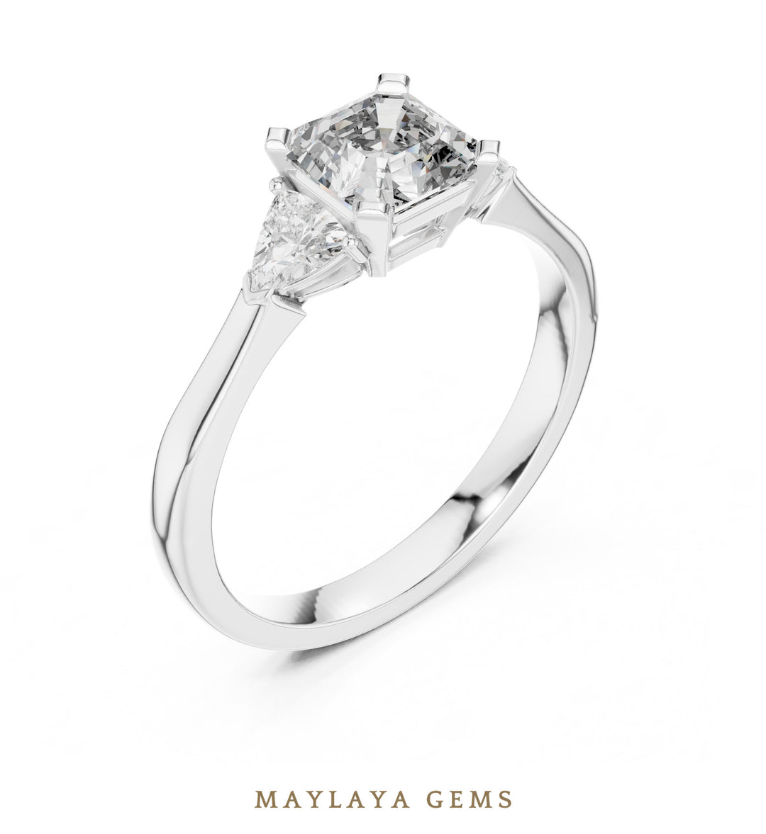 Maylaya Gems square emerald trillion trilogy lab-grown diamond ring in white gold