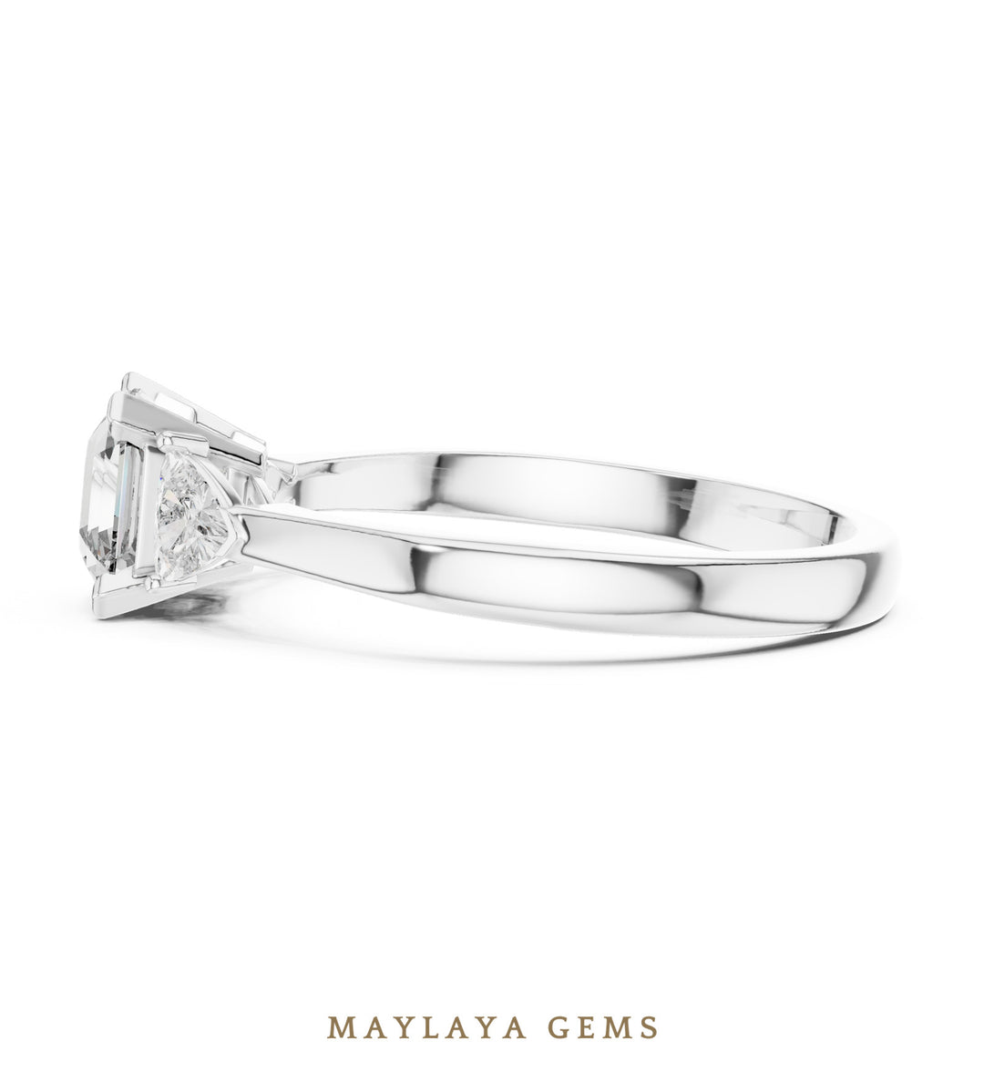 Maylaya Gems square emerald trillion trilogy lab-grown diamond ring in white gold