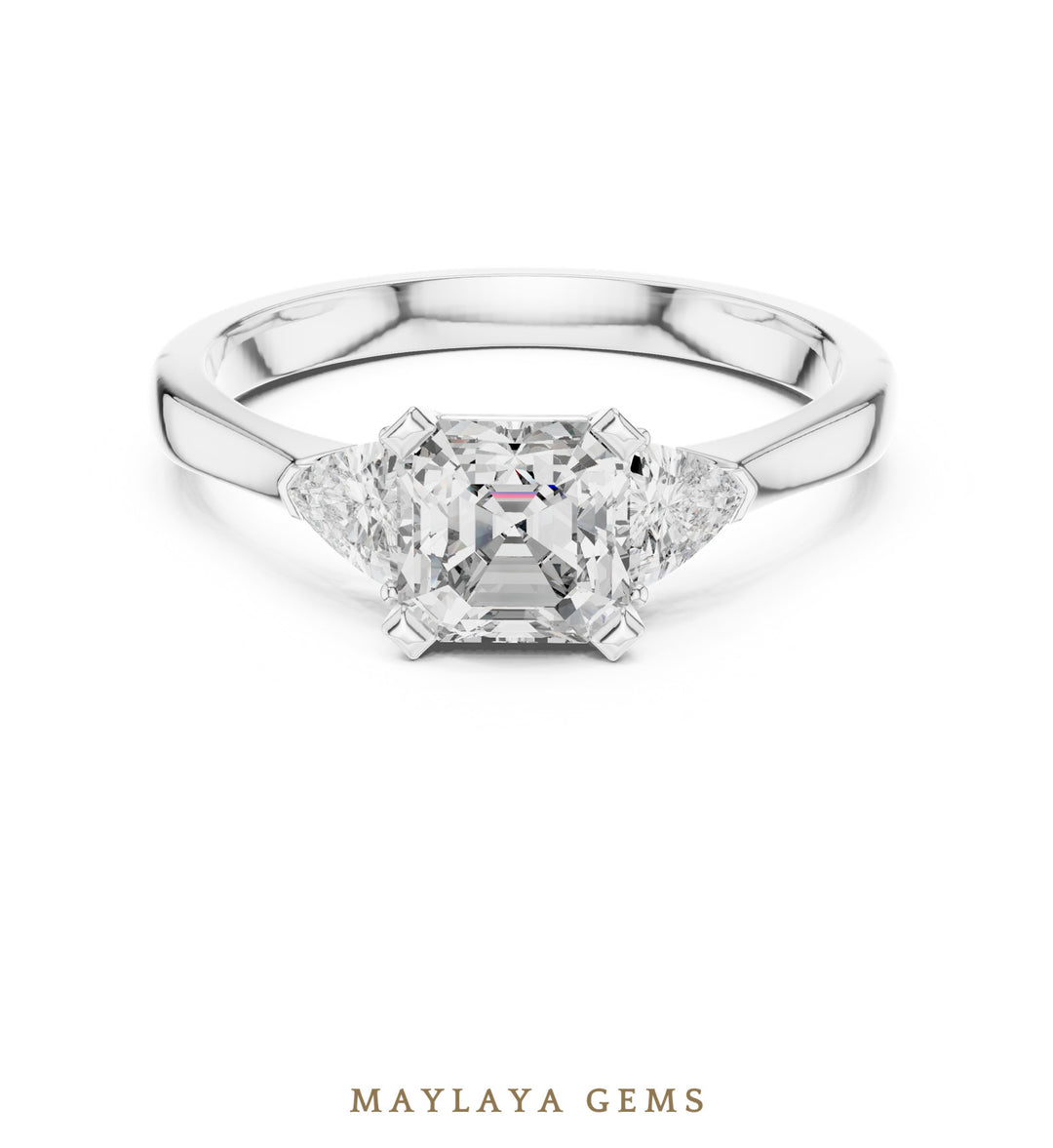 Maylaya Gems square emerald trillion trilogy lab-grown diamond ring in white gold