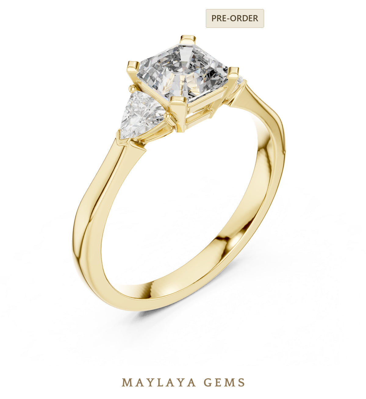 Maylaya gems square emerald trillion trilogy lab grown diamond ring in yellow gold