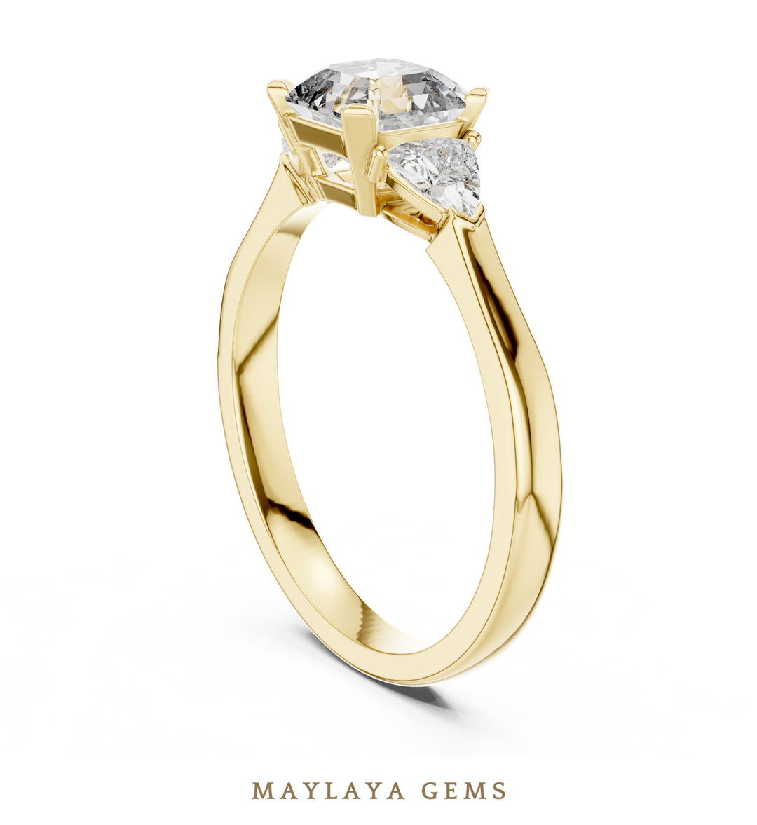 Maylaya Gems square emerald trillion trilogy lab-grown diamond ring in yellow gold
