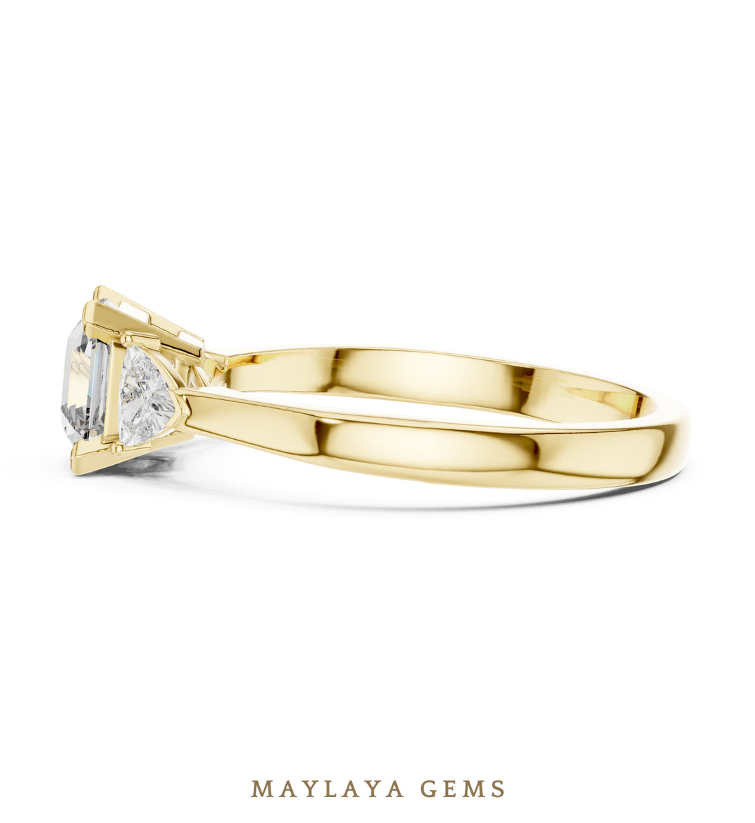 Maylaya Gems square emerald trillion trilogy lab-grown diamond ring in yellow gold