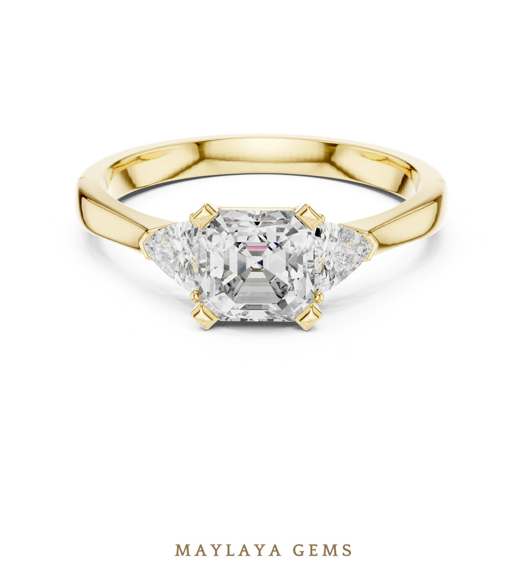 Maylaya Gems square emerald trillion trilogy lab-grown diamond ring in yellow gold