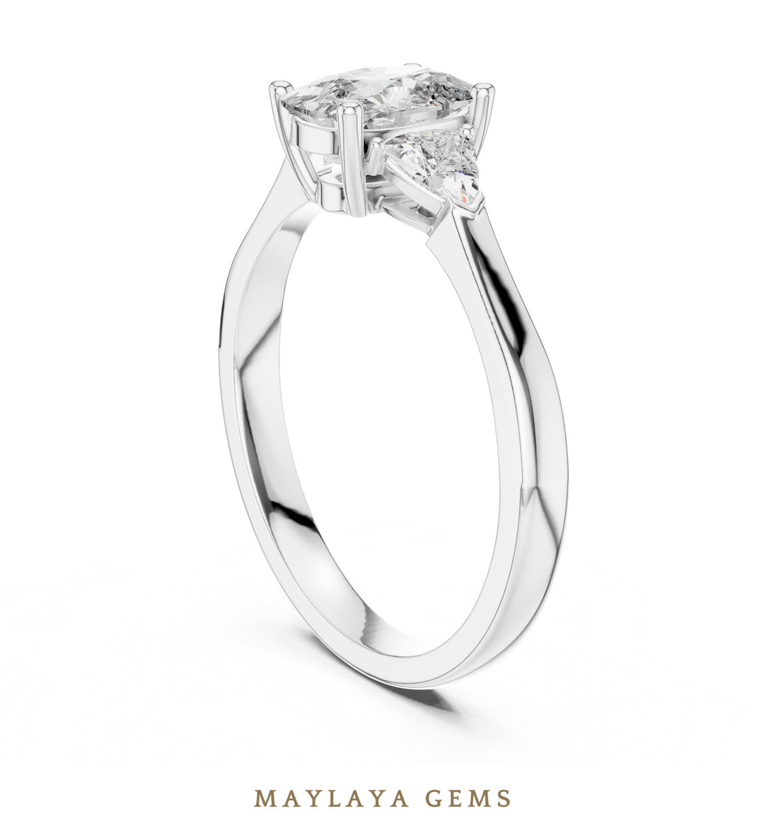 Maylaya Gems cushion curved trillion trilogy lab-grown diamond ring in white gold