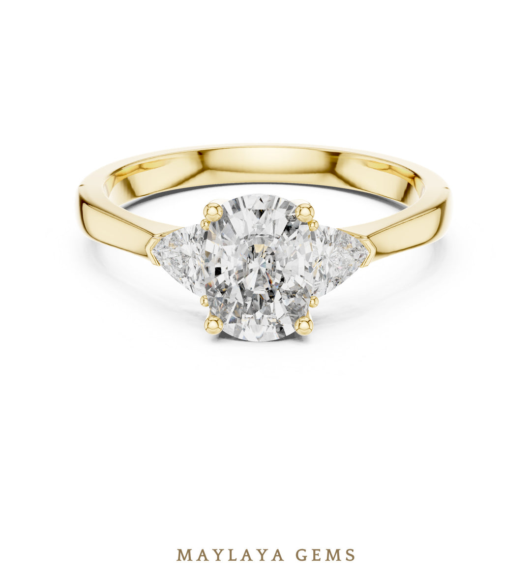Maylaya Gems cushion curved trillion trilogy lab-grown diamond ring in yellow gold