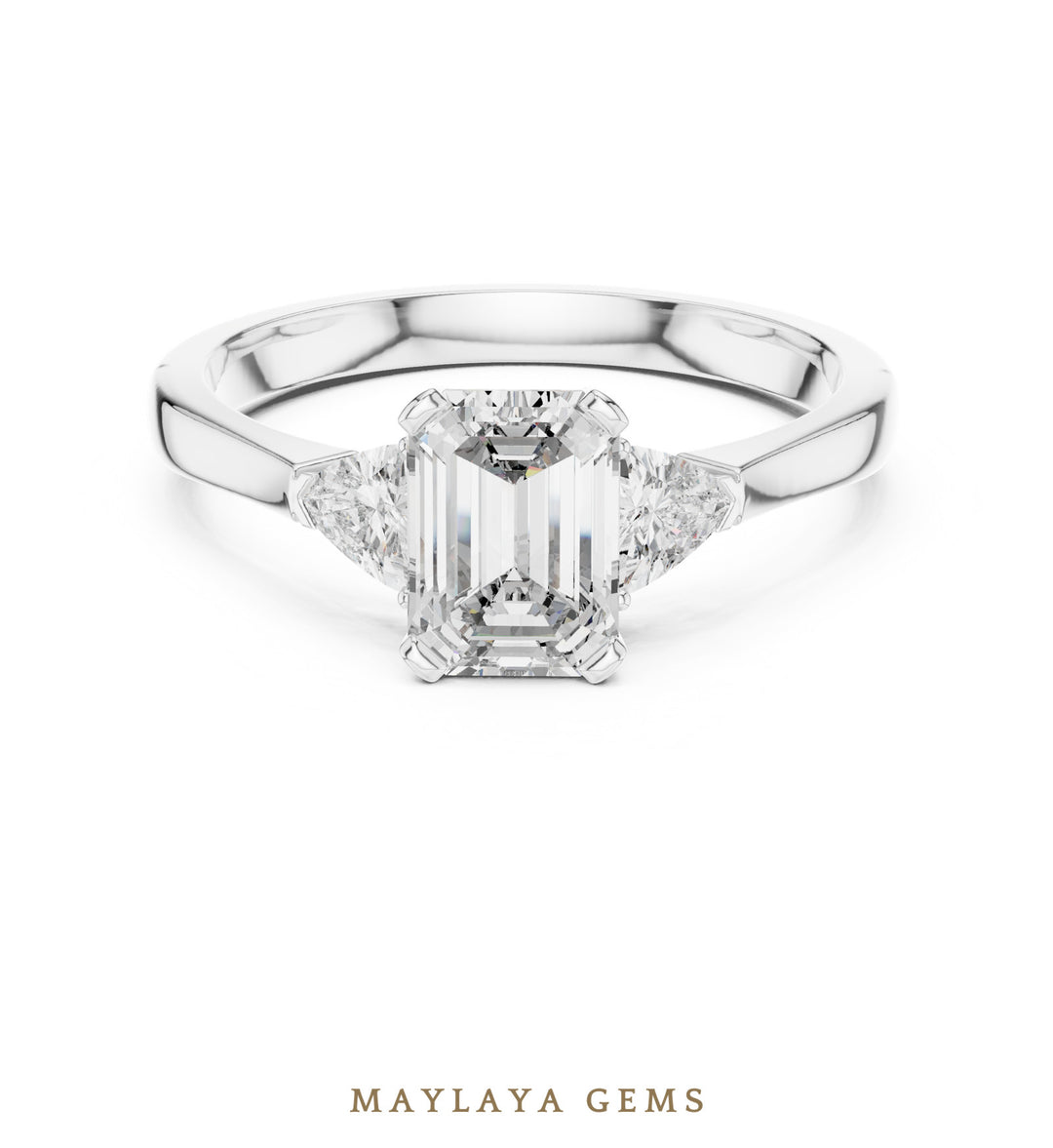 Maylaya Gems emerald trillion petite trilogy lab-grown diamond ring in white gold