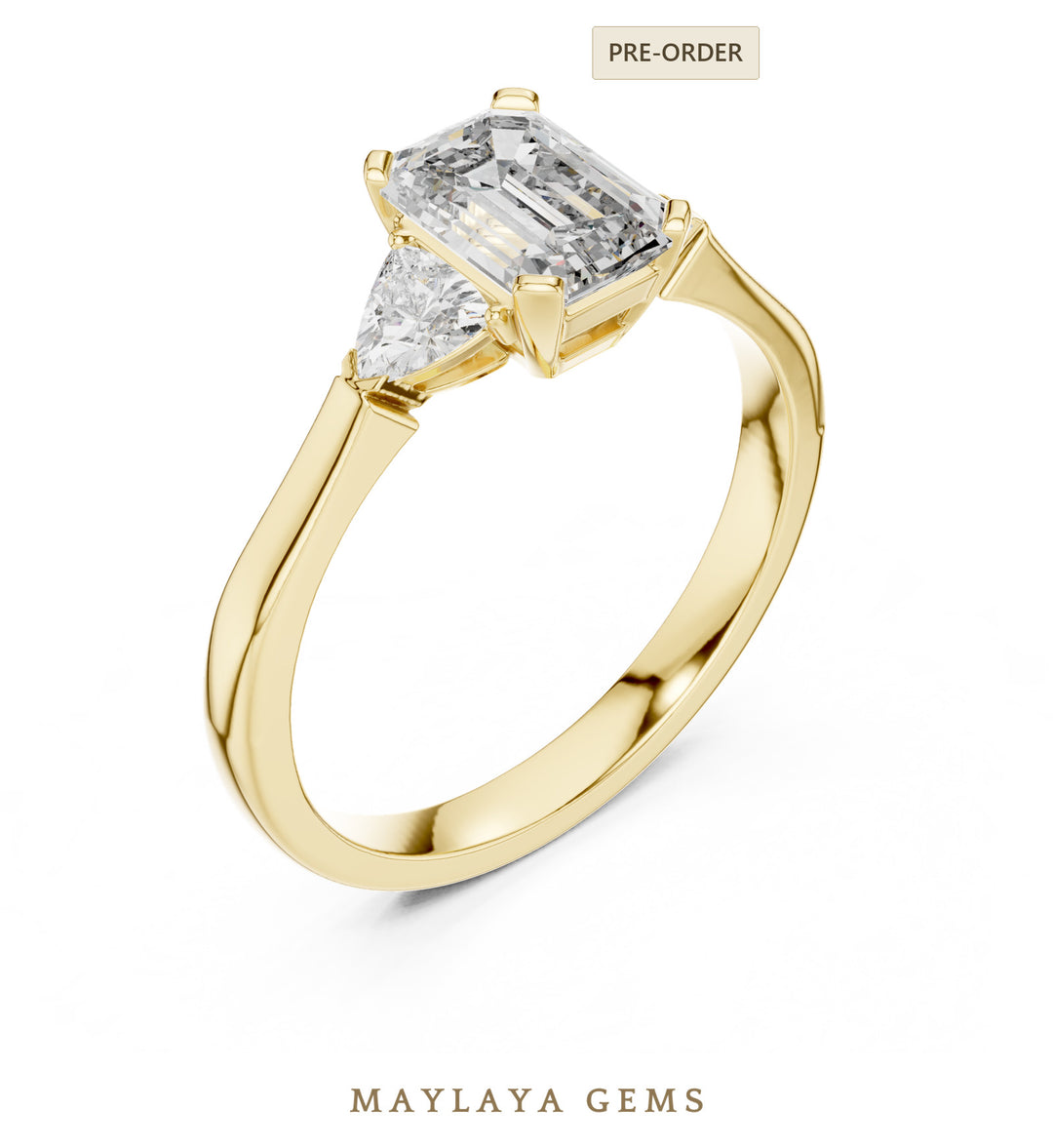 Maylaya Gems emerald trillion petite trilogy lab-grown diamond ring in yellow gold