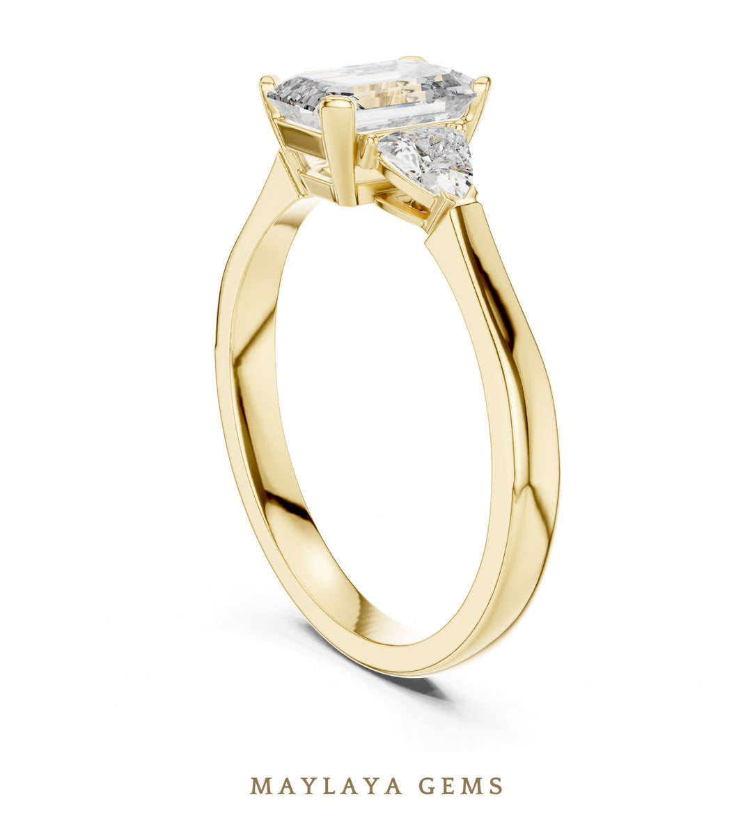 Maylaya Gems emerald trillion petite trilogy lab-grown diamond ring in yellow gold