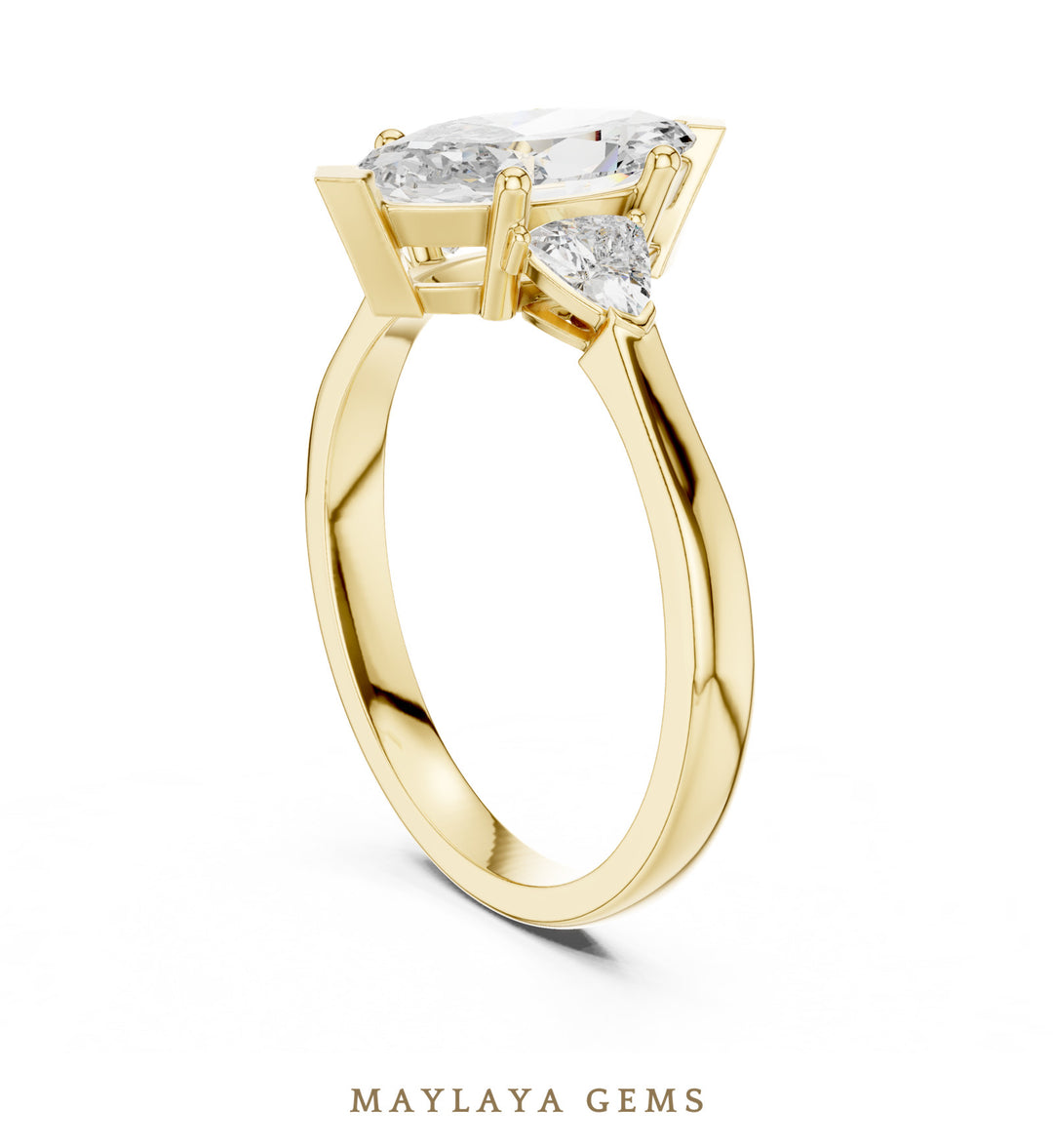Maylaya Gems marquise trillion trilogy lab-grown diamond ring in yellow gold