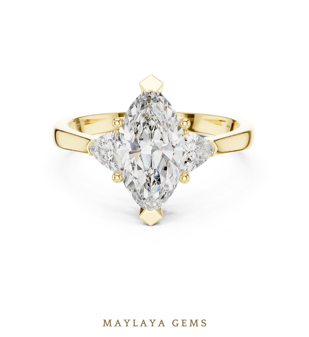 Maylaya Gems marquise trillion trilogy lab-grown diamond ring in yellow gold
