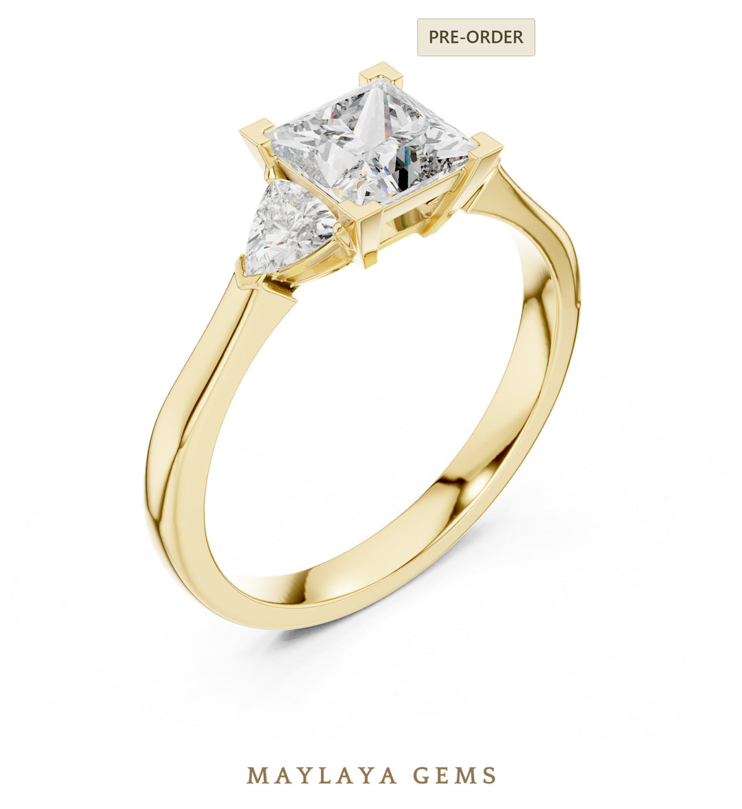 Maylaya Gems princess trillion trilogy lab-grown diamond ring in yellow gold