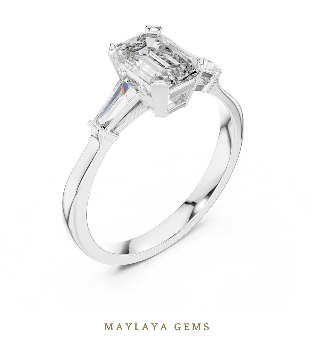 Maylaya Gems emerald baguette trilogy lab-grown diamond ring in white gold