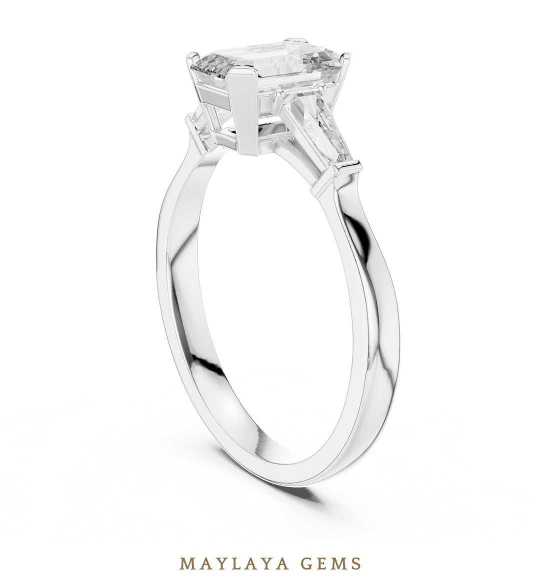 Maylaya Gems emerald baguette trilogy lab-grown diamond ring in white gold