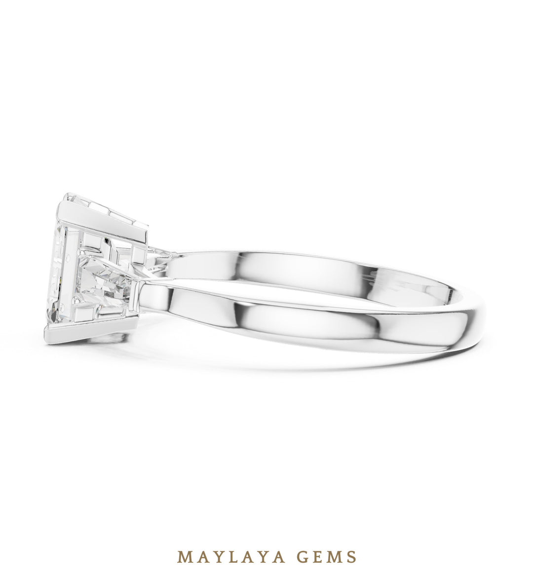 Maylaya Gems emerald baguette trilogy lab-grown diamond ring in white gold