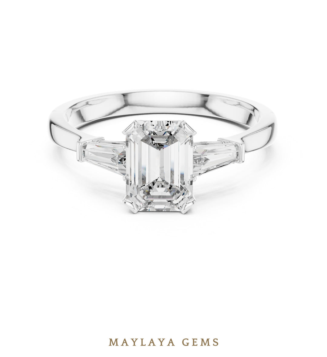 Maylaya Gems emerald baguette trilogy lab-grown diamond ring in white gold