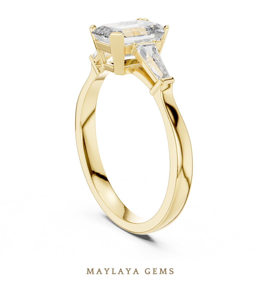 Maylaya Gems emerald baguette trilogy lab-grown diamond ring in yellow gold