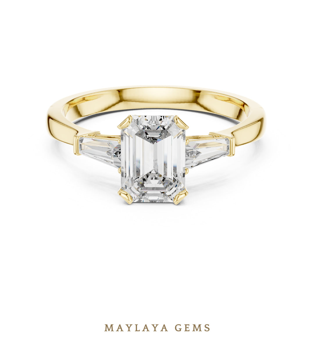 Maylaya Gems emerald baguette trilogy lab-grown diamond ring in yellow gold