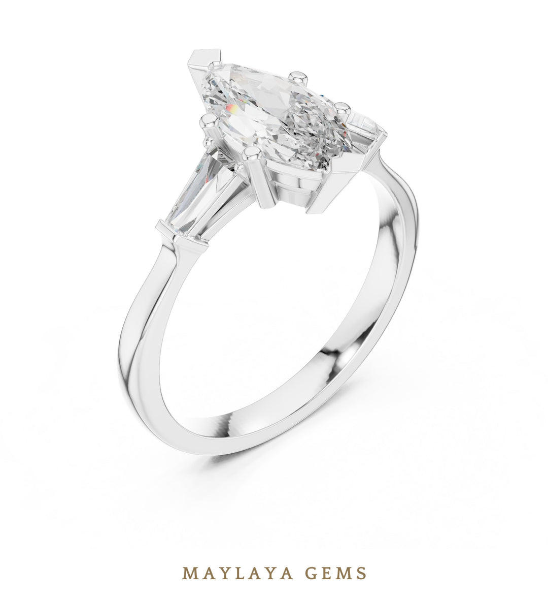 Maylaya Gems marquise tapered baguette trilogy lab-grown diamond ring in white gold