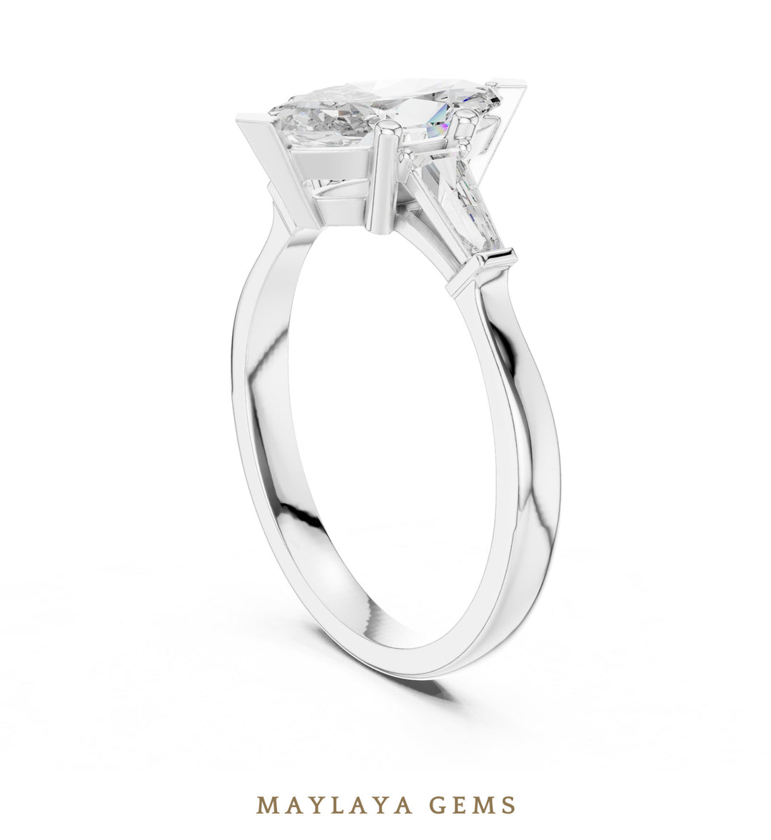 Maylaya Gems marquise tapered baguette trilogy lab-grown diamond ring in white gold