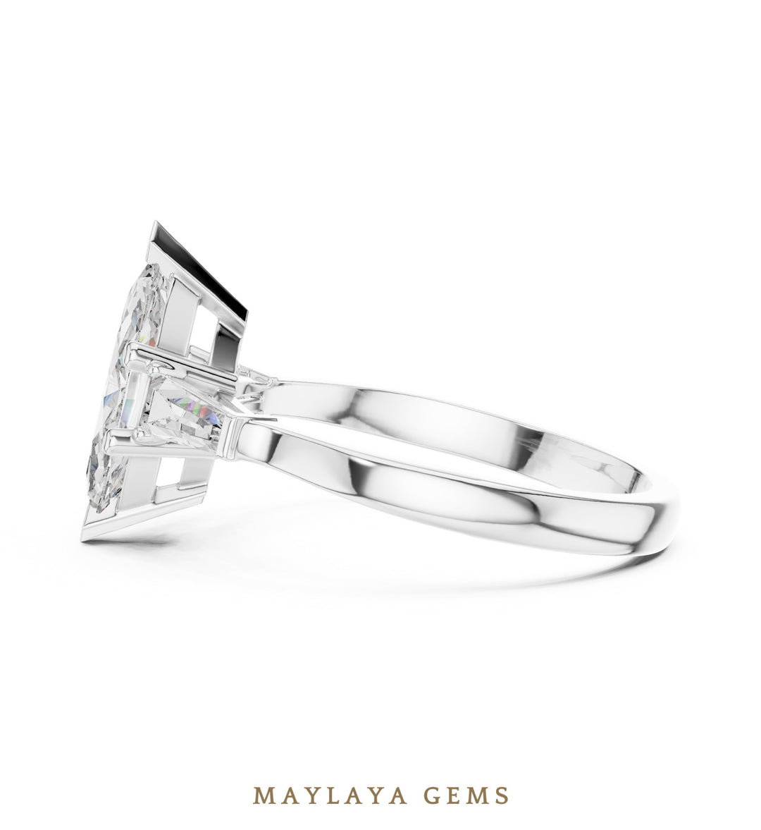Maylaya Gems marquise tapered baguette trilogy lab-grown diamond ring in white gold