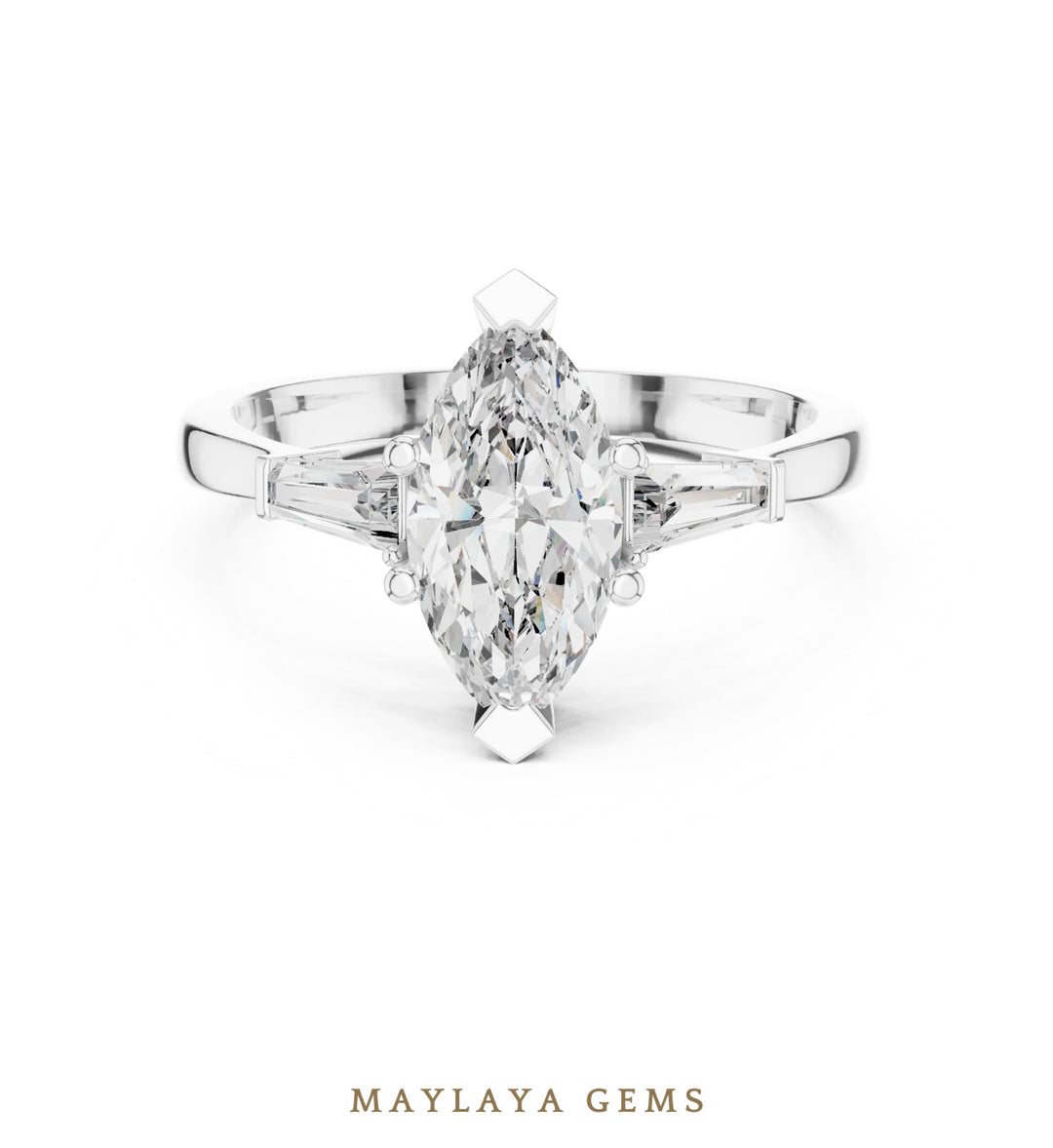 Maylaya Gems marquise tapered baguette trilogy lab-grown diamond ring in white gold
