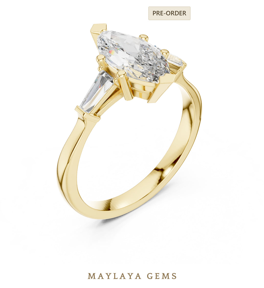 Maylaya Gems marquise tapered baguette trilogy lab-grown diamond ring in yellow gold