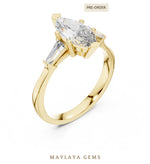 Load image into Gallery viewer, Maylaya Gems marquise tapered baguette trilogy lab-grown diamond ring in yellow gold
