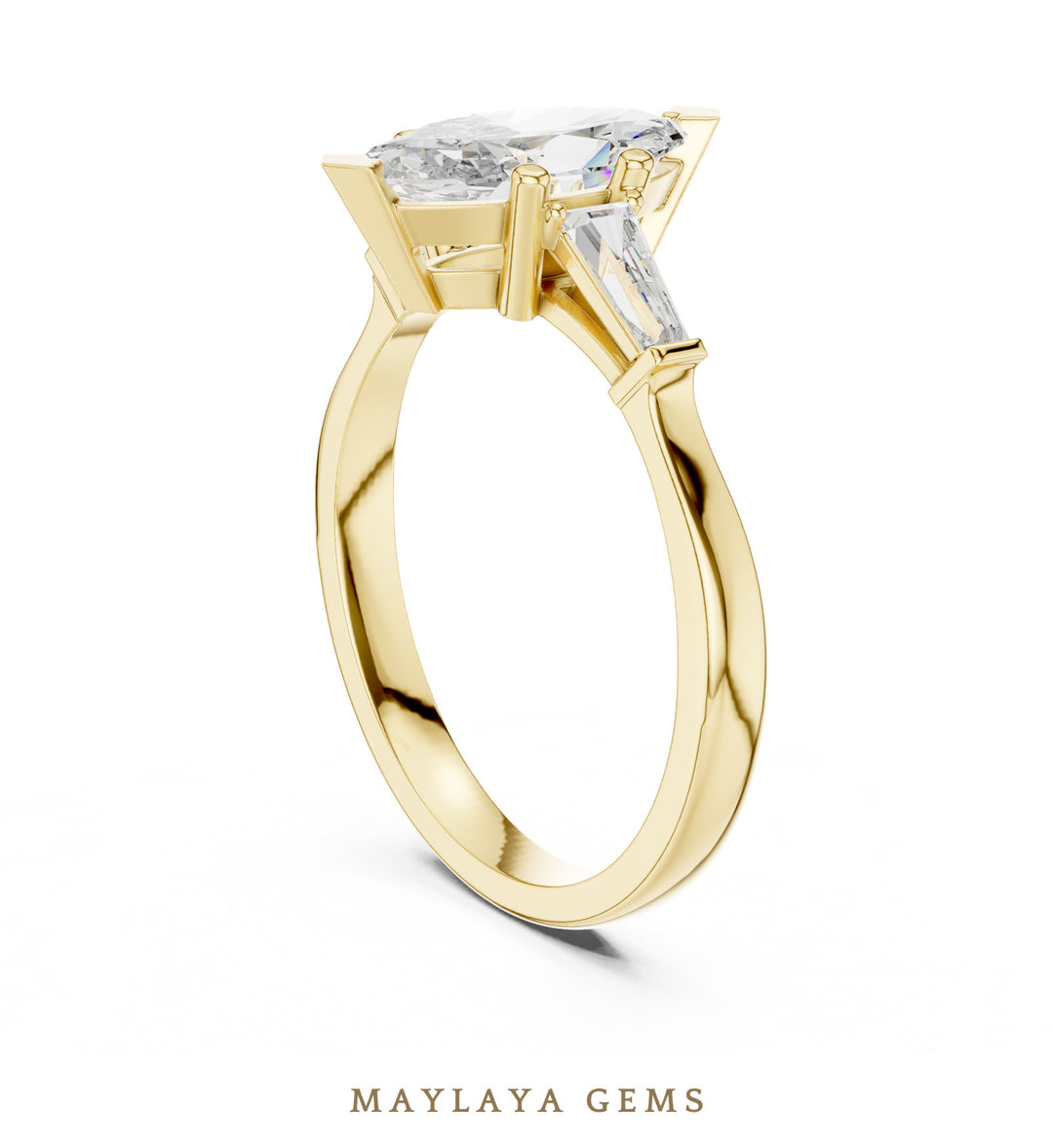 Maylaya Gems marquise tapered baguette trilogy lab-grown diamond ring in yellow gold