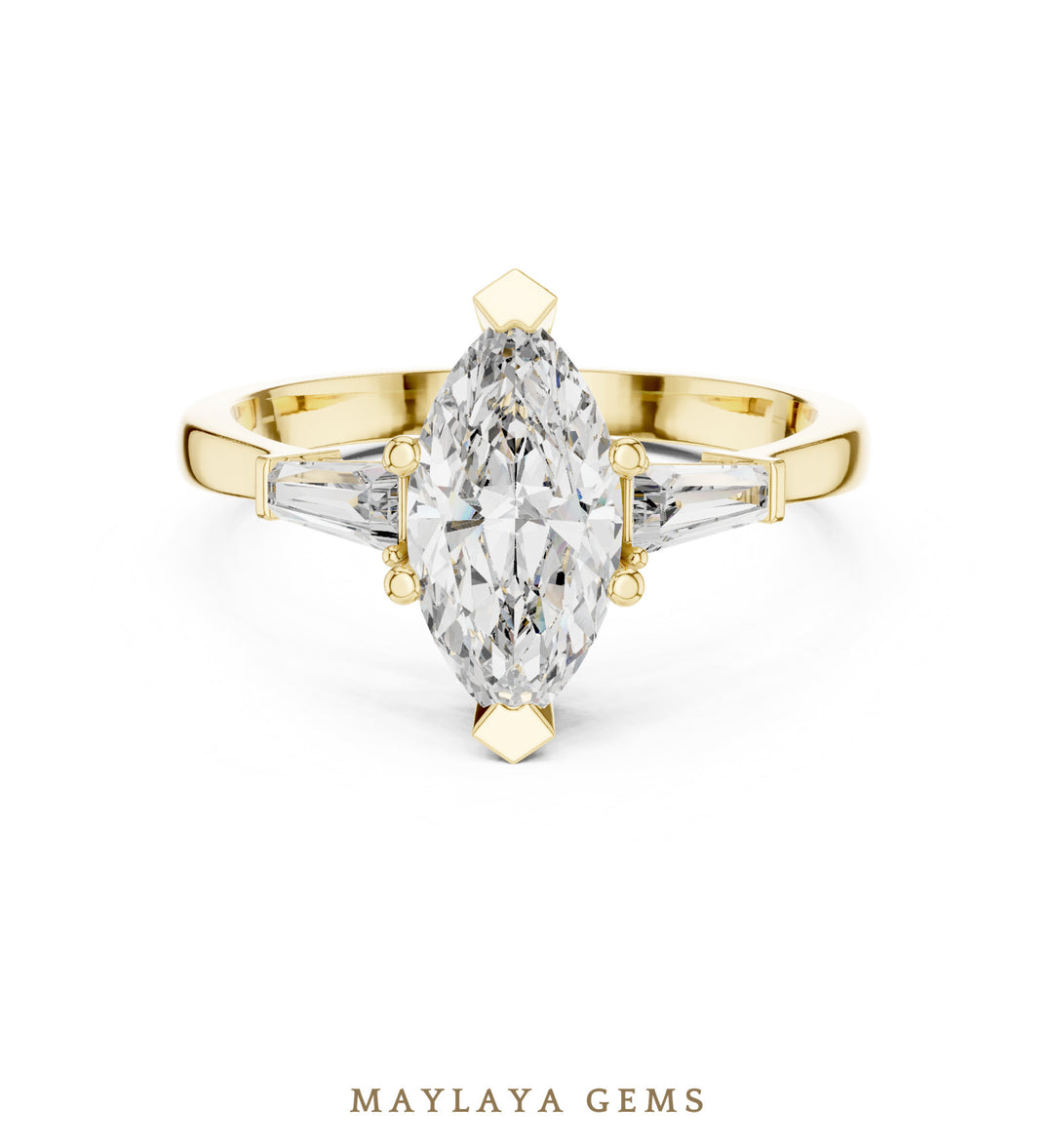 Maylaya Gems marquise tapered baguette trilogy lab-grown diamond ring in yellow gold