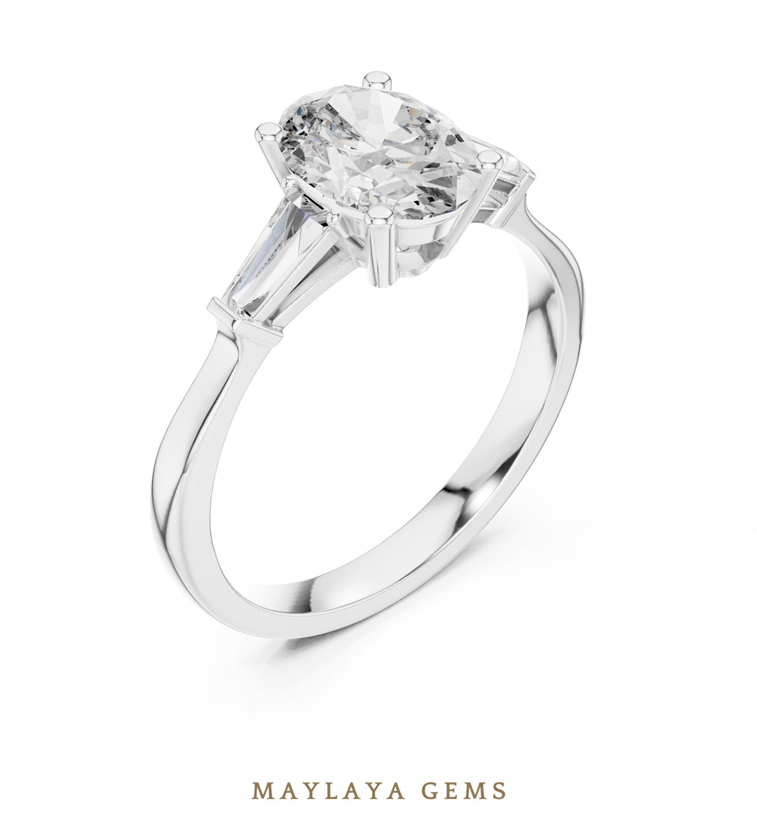 Maylaya Gems oval tapered baguette trilogy lab-grown diamond ring in white gold