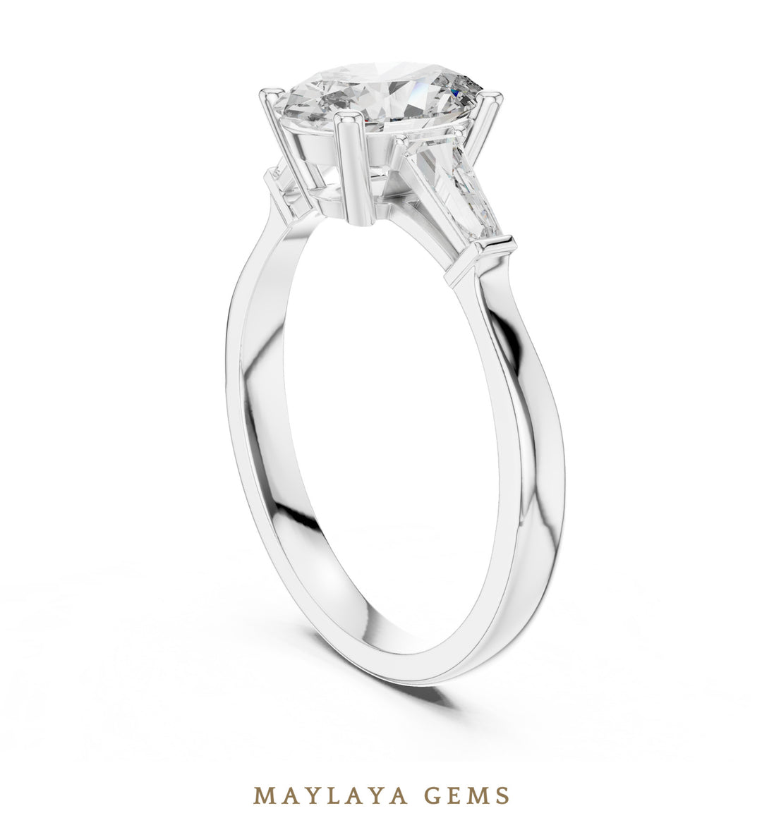 Maylaya Gems oval tapered baguette trilogy lab-grown diamond ring in white gold