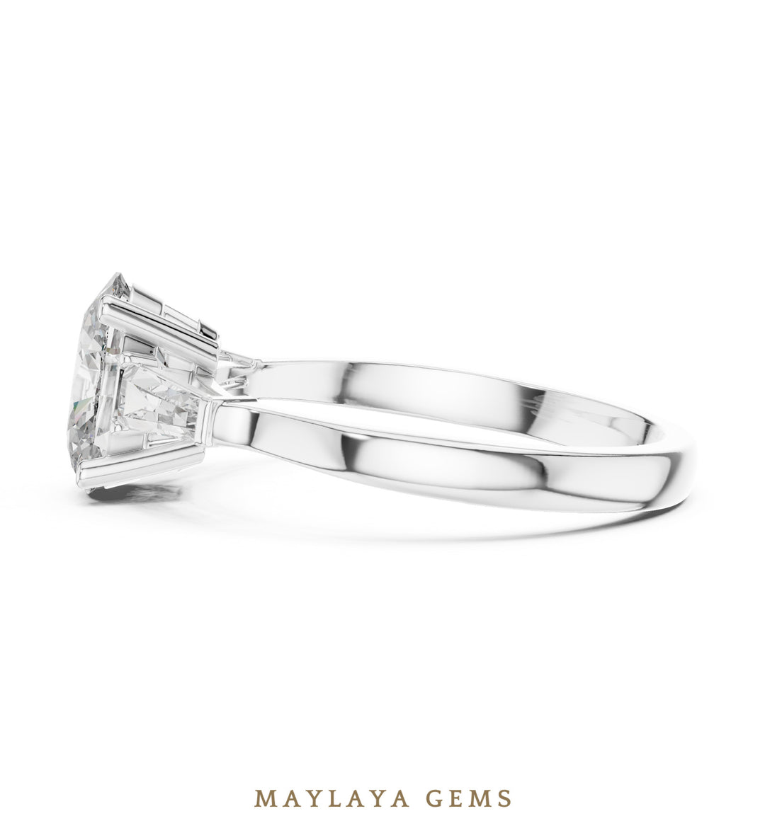Maylaya Gems oval tapered baguette trilogy lab-grown diamond ring in white gold