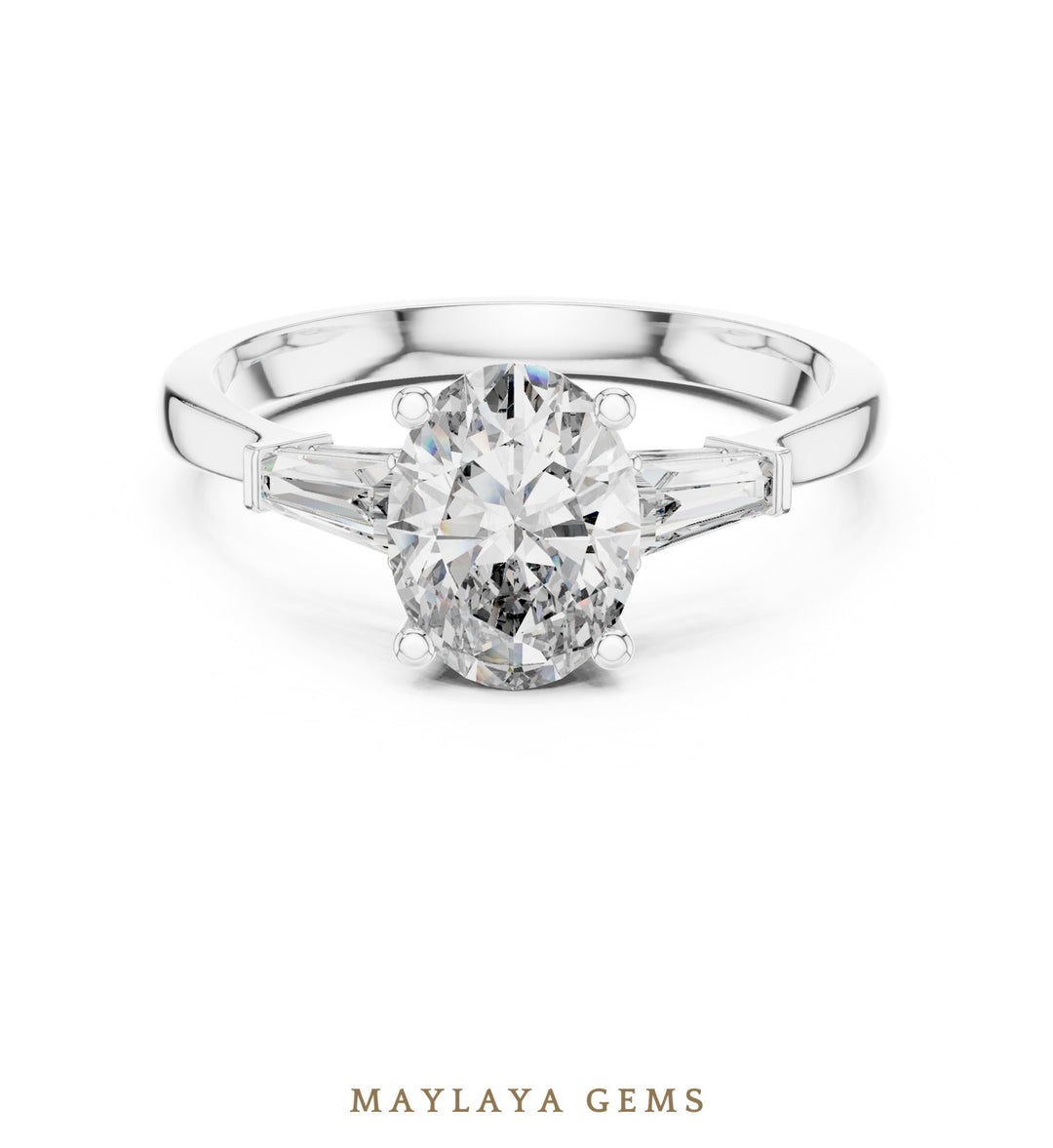 Maylaya Gems oval tapered baguette trilogy lab-grown diamond ring in white gold
