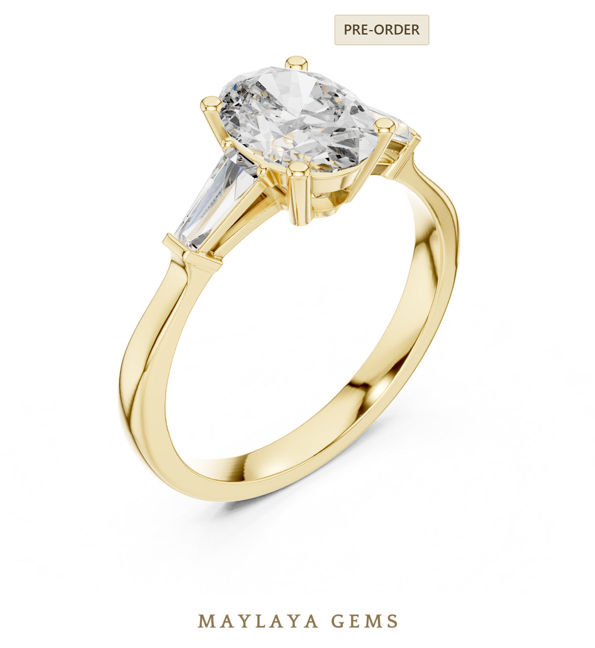 Maylaya gems oval tapered baguette trilogy lab grown diamond ring in yellow gold