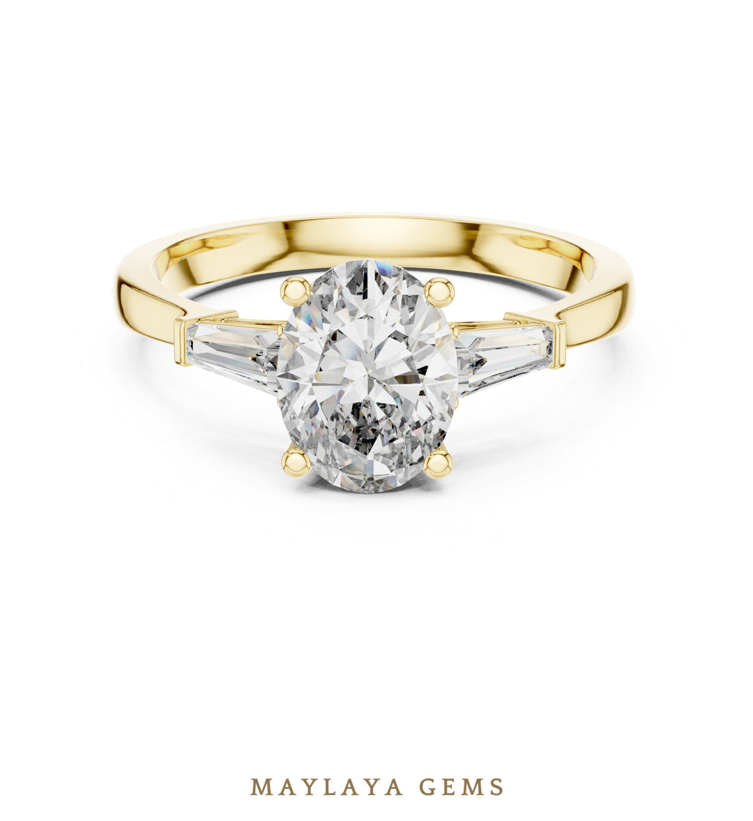 Maylaya Gems oval tapered baguette trilogy lab-grown diamond ring in yellow gold