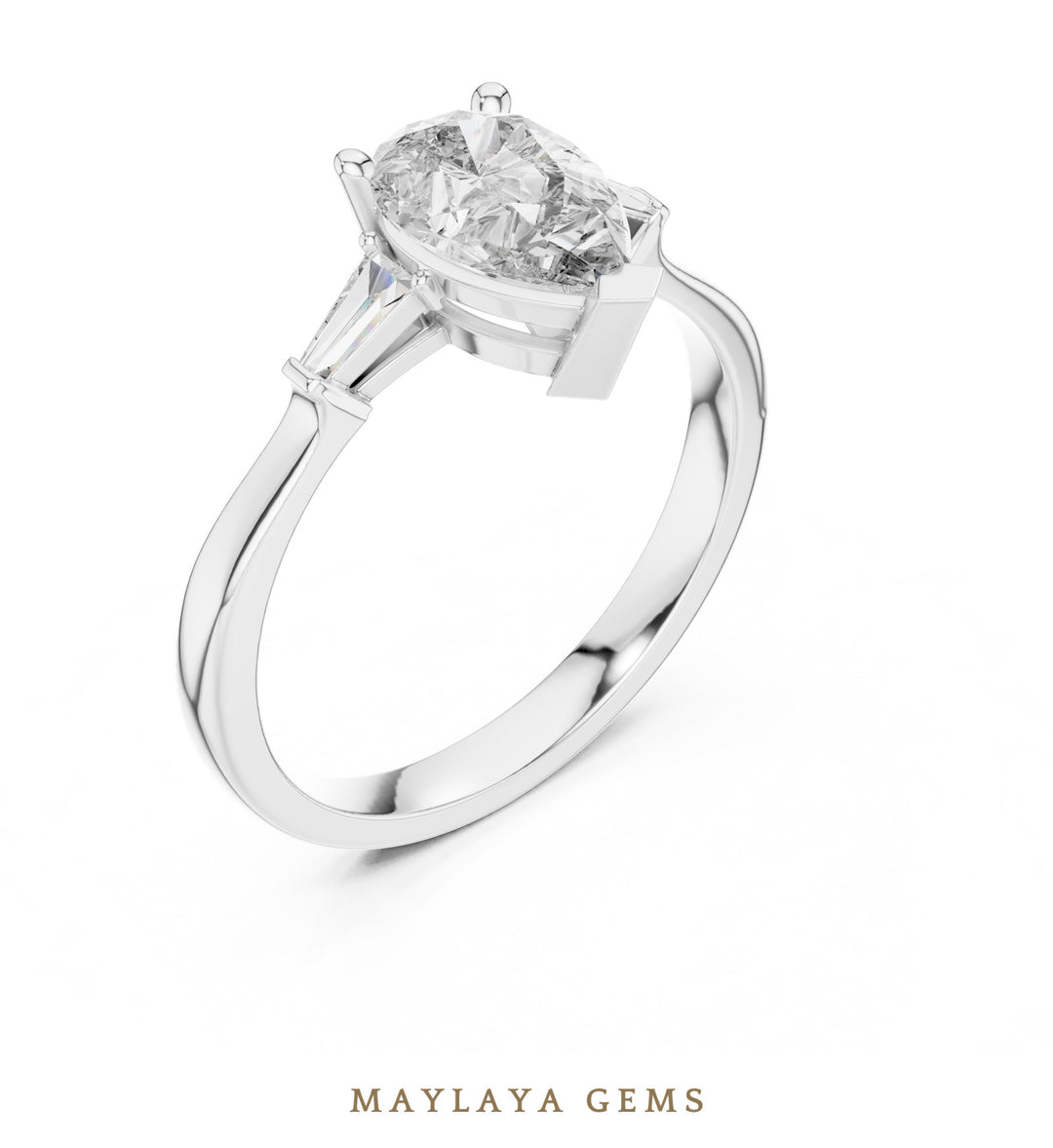 Maylaya Gems pear tapered baguette trilogy lab-grown diamond ring in white gold