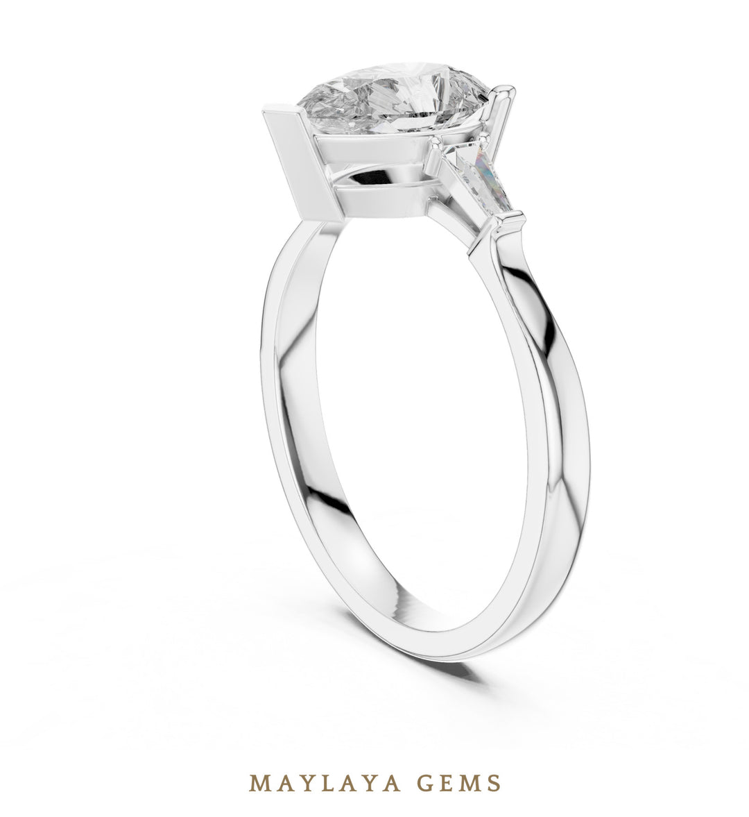Maylaya Gems pear tapered baguette trilogy lab-grown diamond ring in white gold