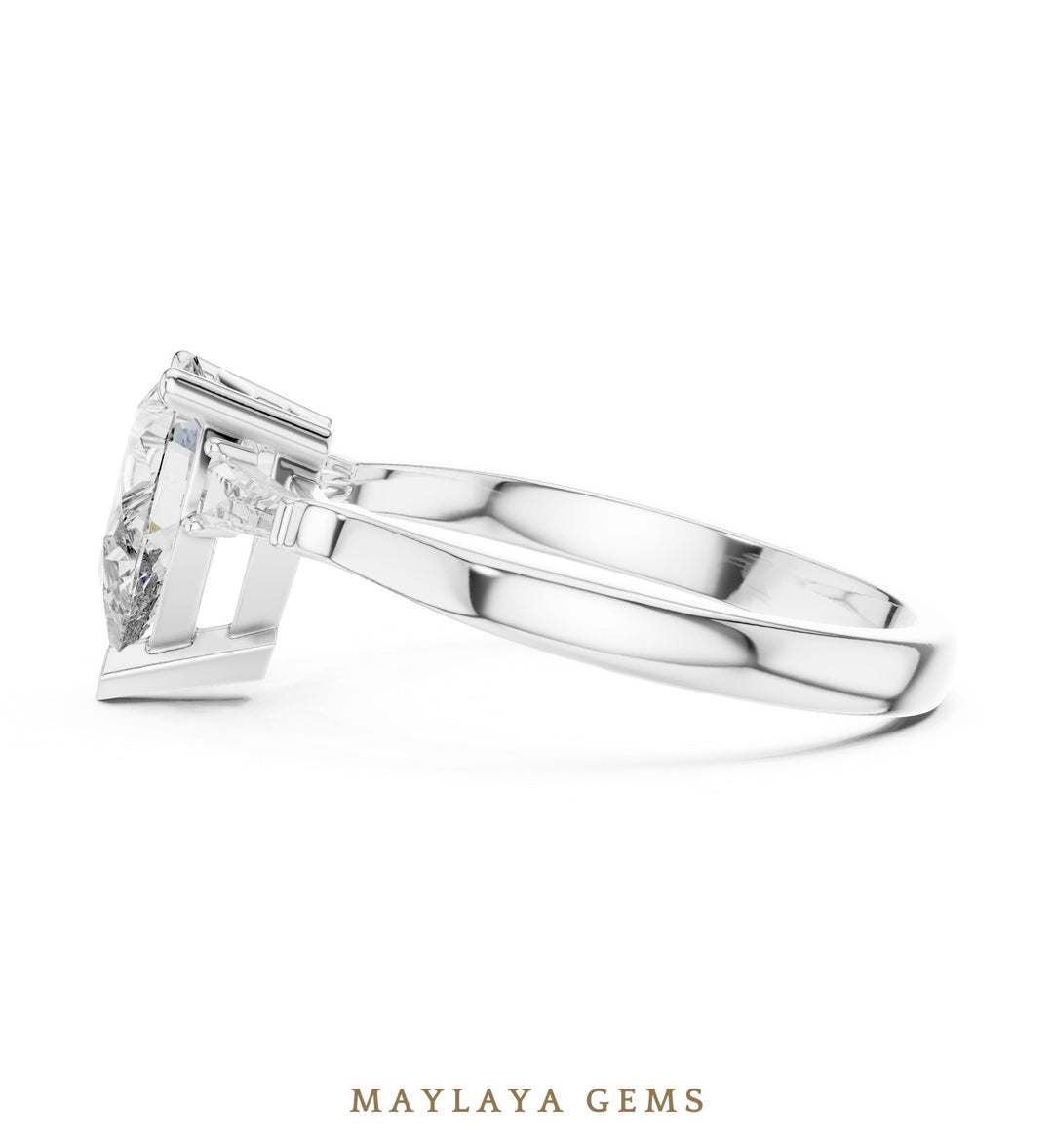 Maylaya Gems pear tapered baguette trilogy lab-grown diamond ring in white gold