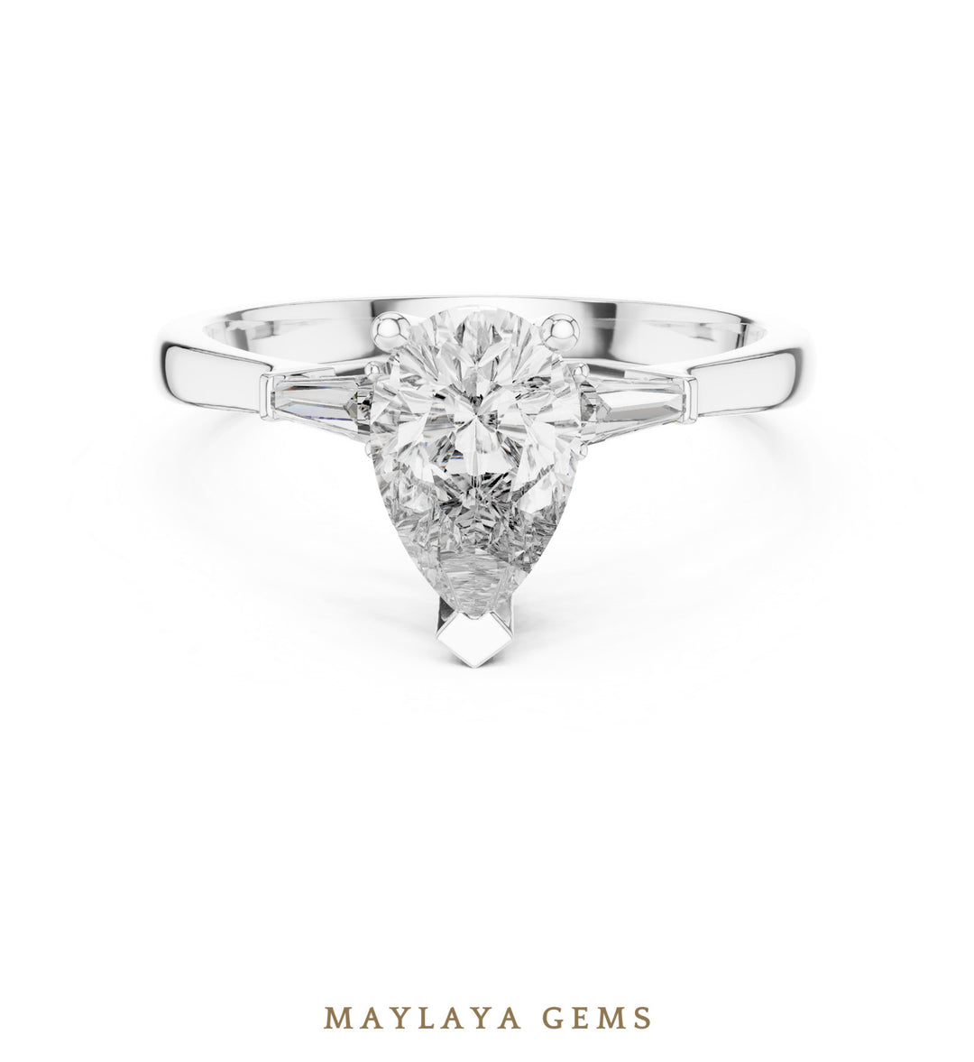 Maylaya Gems pear tapered baguette trilogy lab-grown diamond ring in white gold