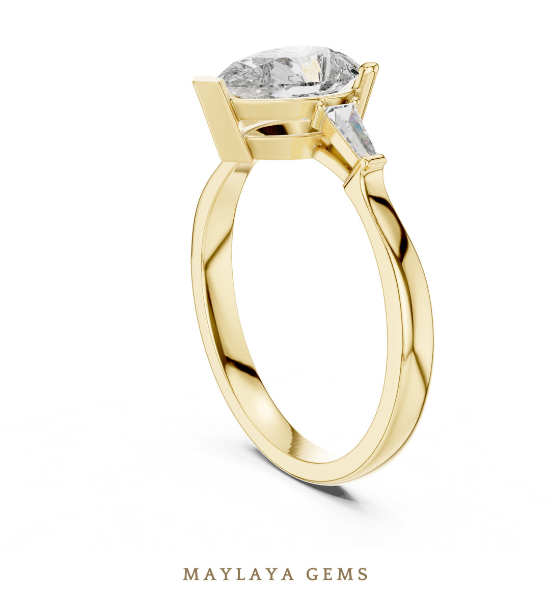 Maylaya Gems pear tapered baguette trilogy lab-grown diamond ring in yellow gold