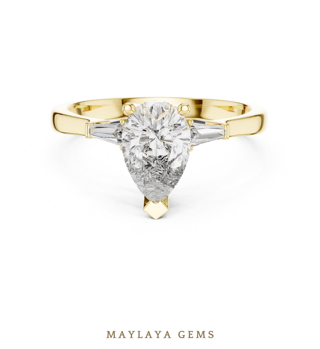 Maylaya Gems pear tapered baguette trilogy lab-grown diamond ring in yellow gold