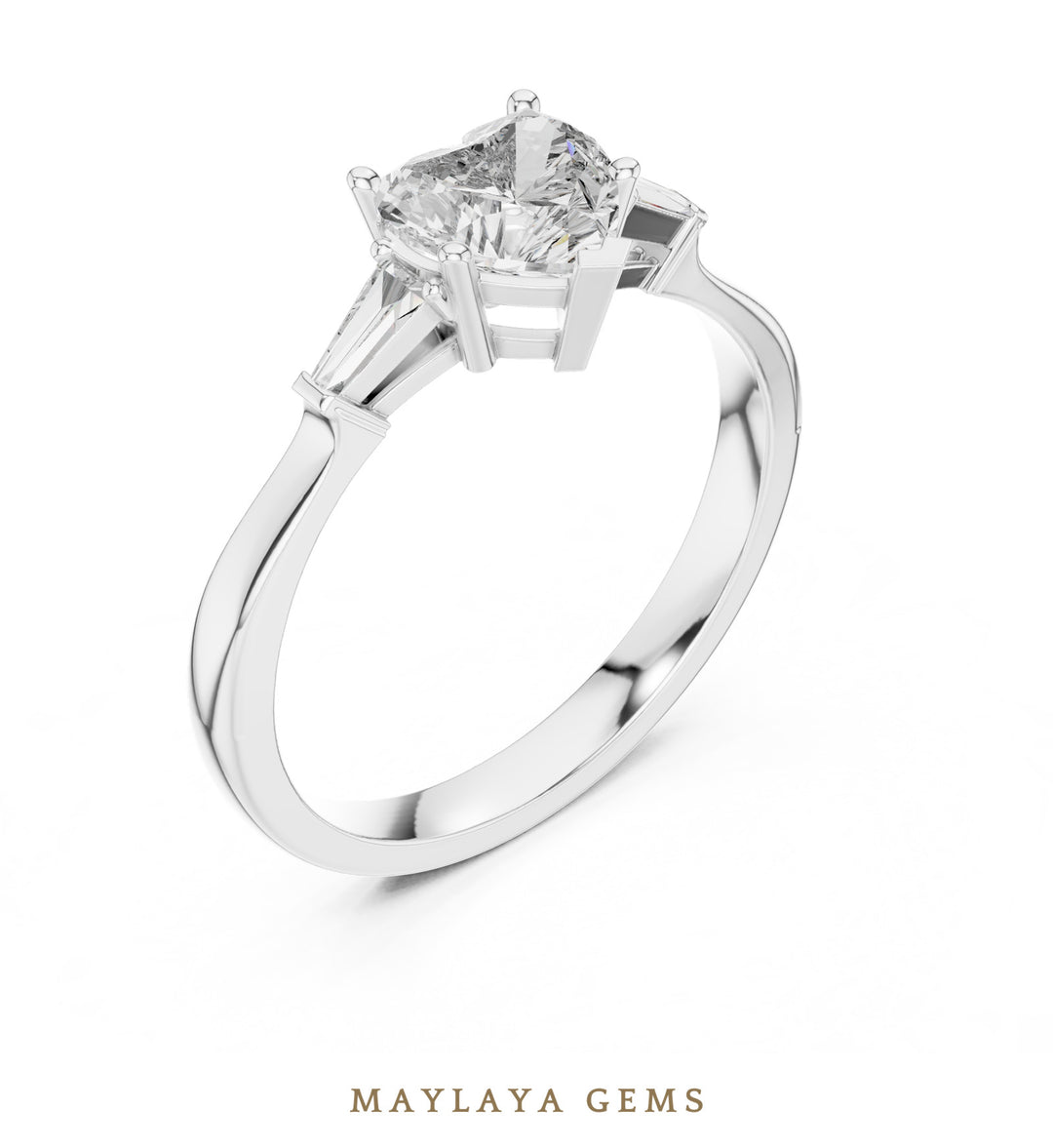 Maylaya Gems heart baguette trilogy lab-grown diamond ring in white gold