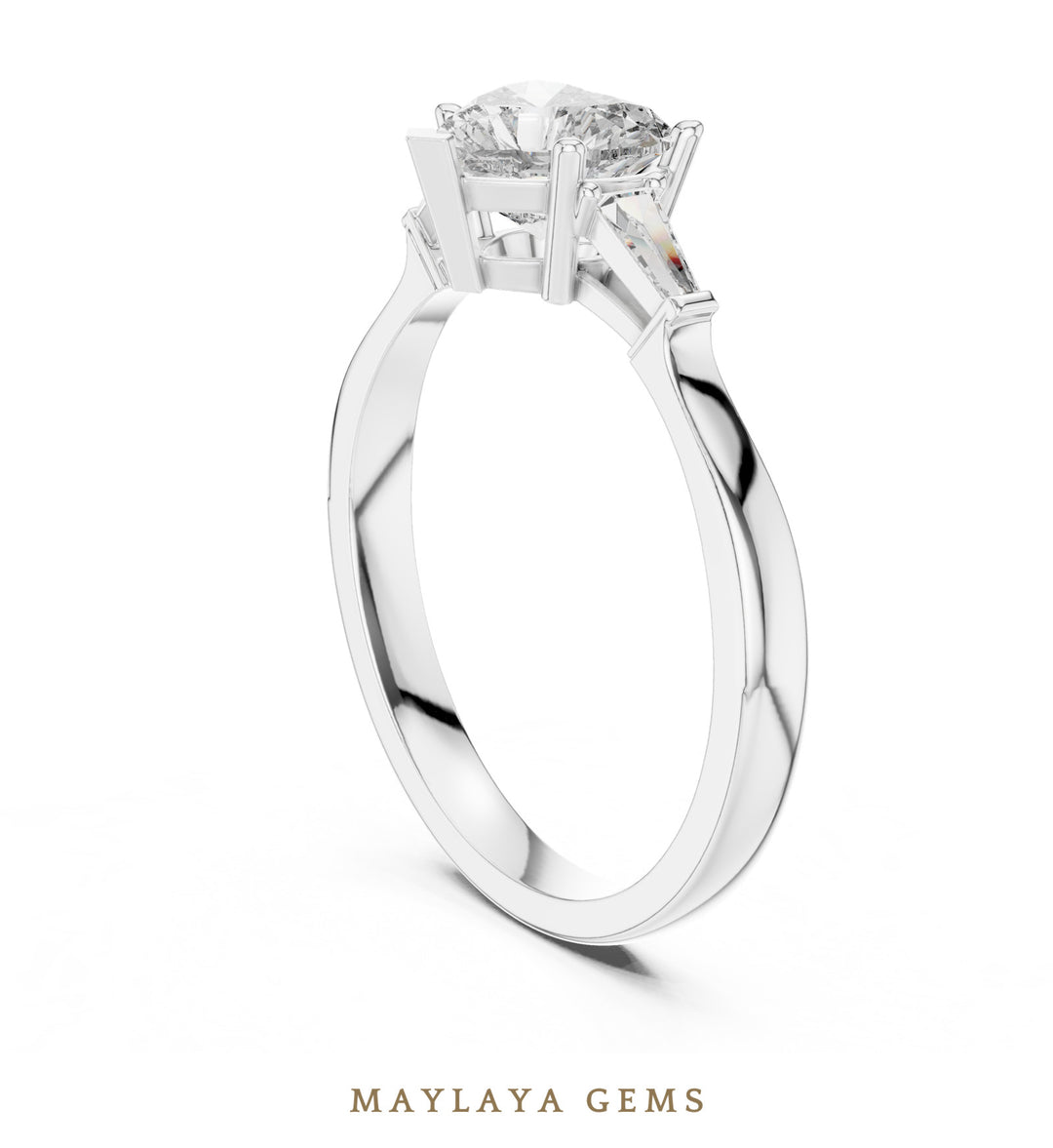 Maylaya Gems heart baguette trilogy lab-grown diamond ring in white gold