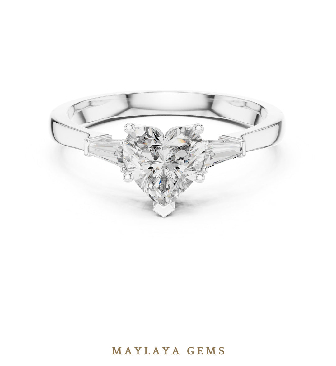 Maylaya Gems heart baguette trilogy lab-grown diamond ring in white gold
