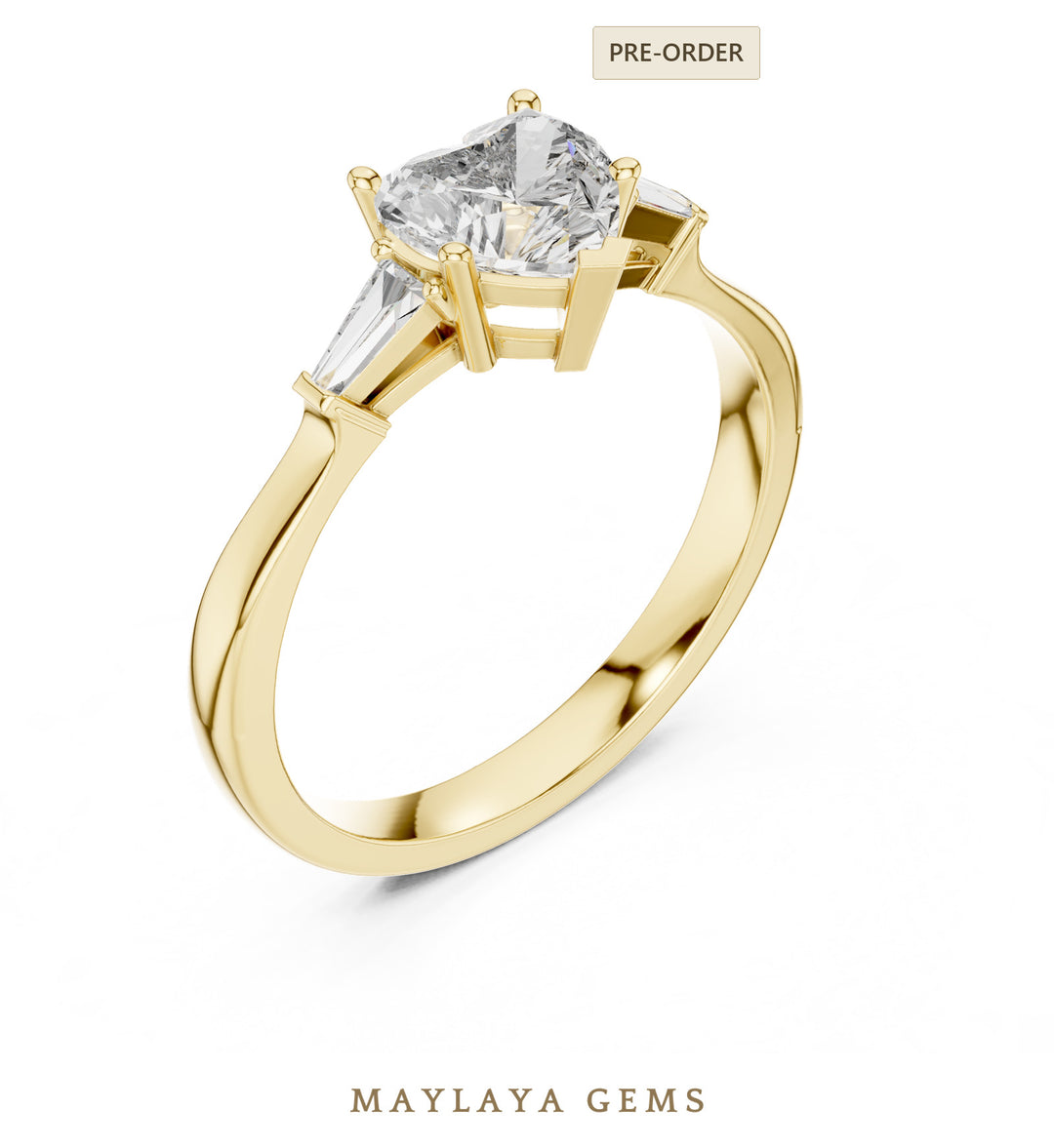 Maylaya Gems heart baguette trilogy lab-grown diamond ring in yellow gold