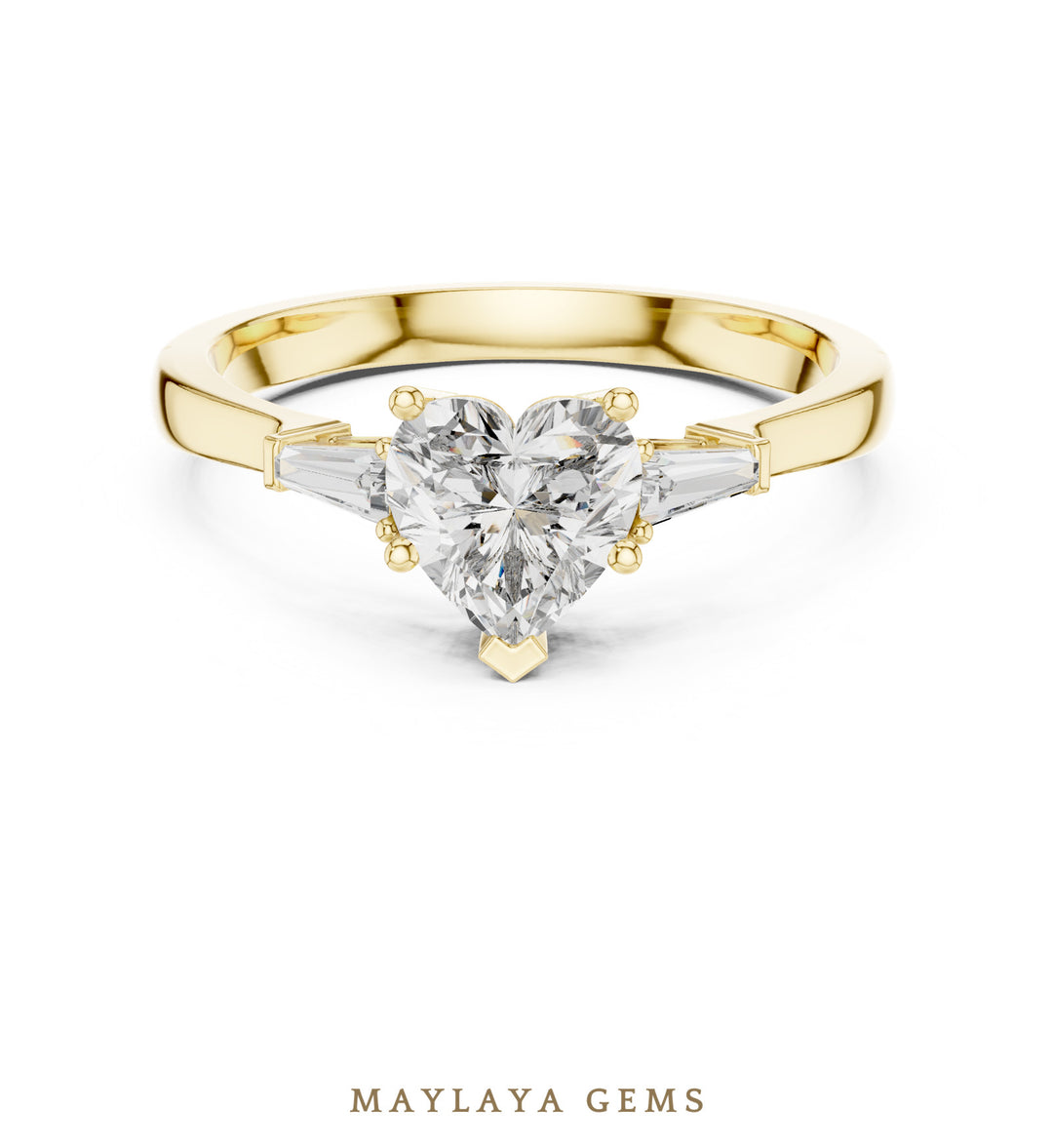 Maylaya Gems heart baguette trilogy lab-grown diamond ring in yellow gold