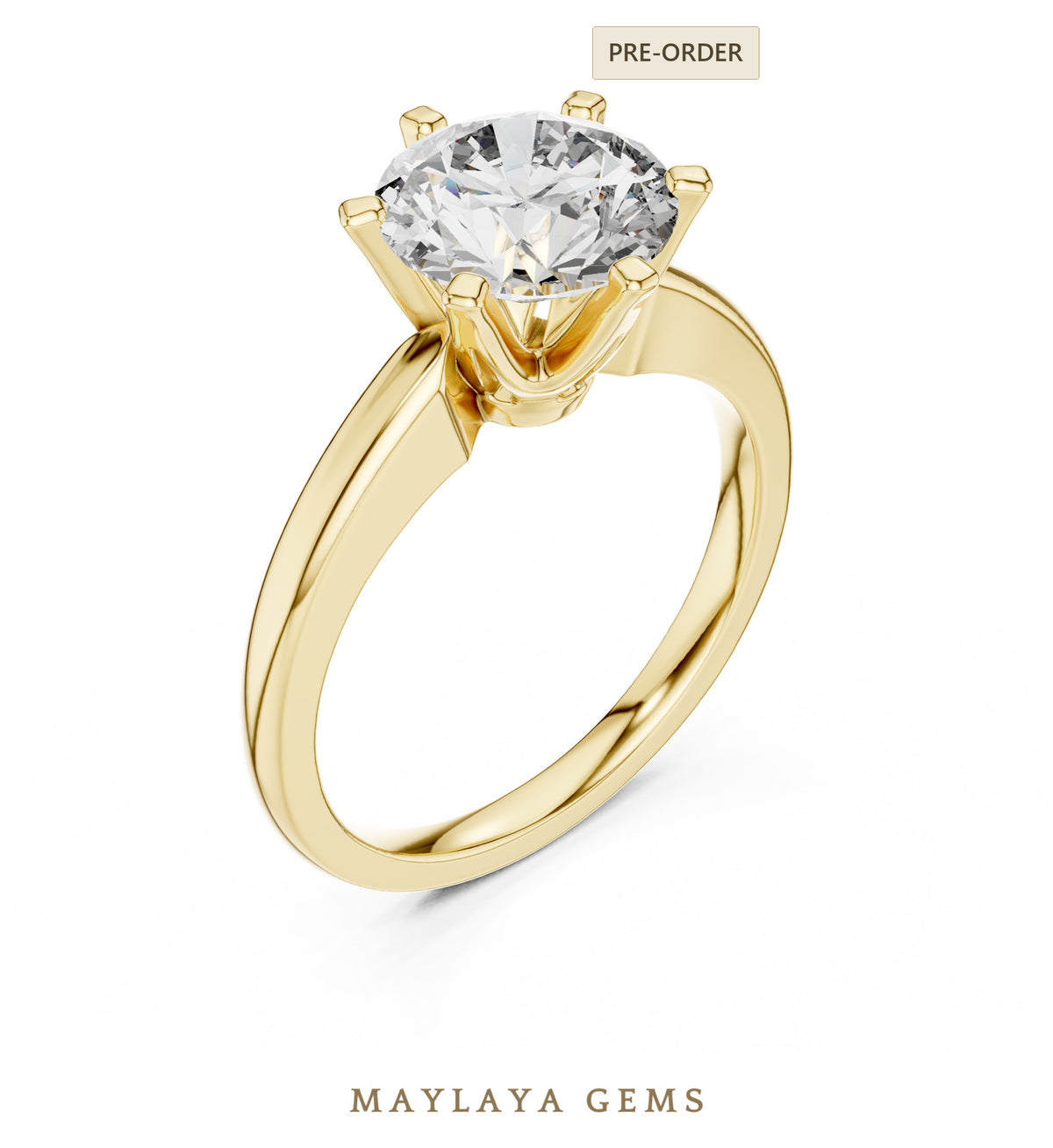 Maylaya gems round six prong solitaire lab grown diamond ring in yellow gold