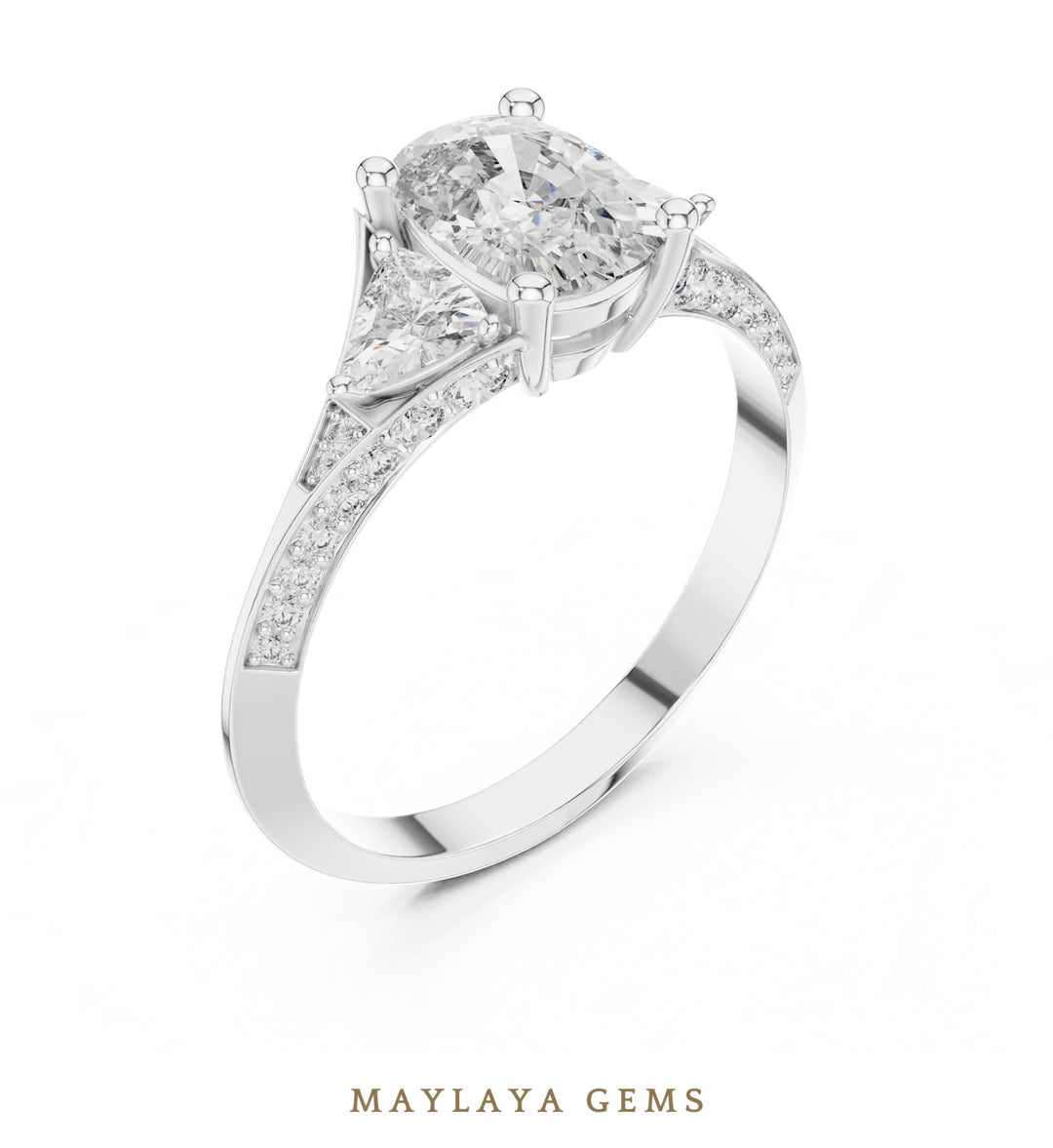 Maylaya Gems cushion trillion pave trilogy lab-grown diamond ring in white gold
