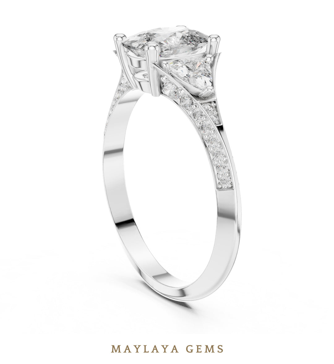 Maylaya Gems cushion trillion pave trilogy lab-grown diamond ring in white gold